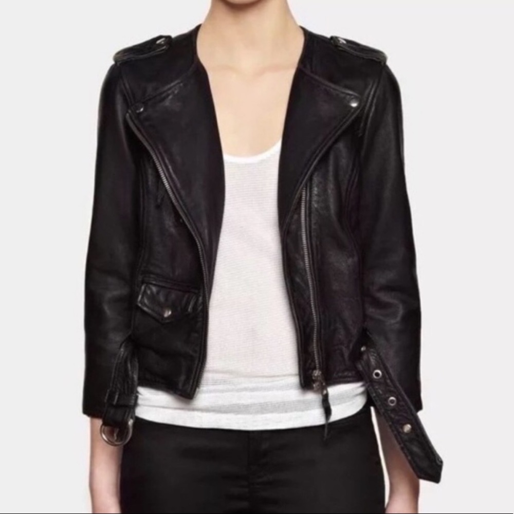 crop 3/4 sleeve BLACK LEATHER MOTORCYCLE JACKET